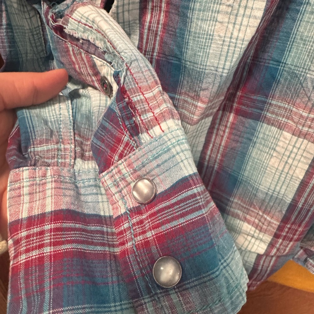 Southern Thread Button Up Pearl Snap Men’s Medium Red Blue Plaid Western Country - Picture 6 of 8